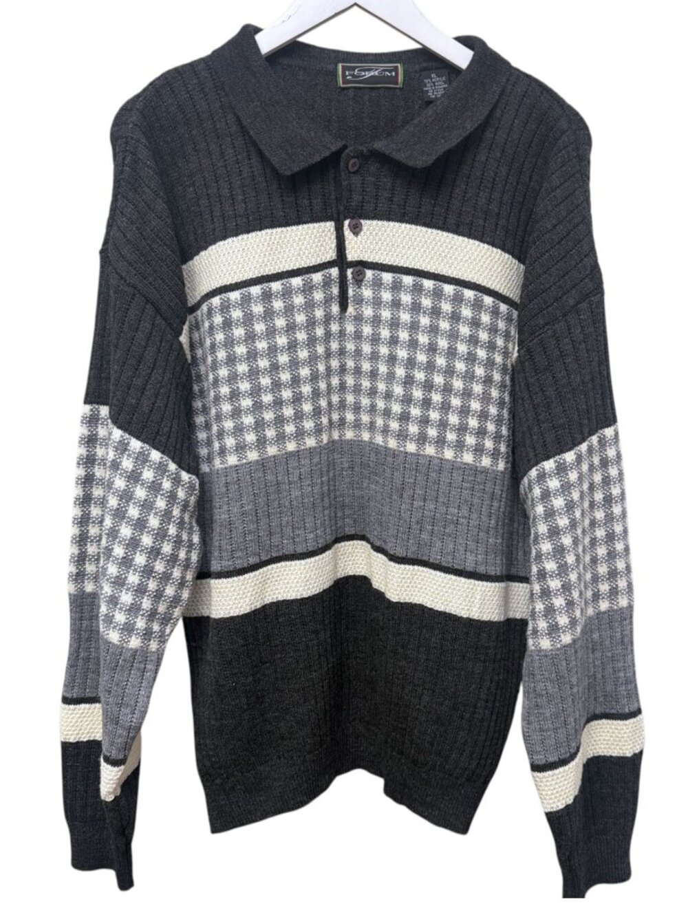 FORUM Mens Sweater XL Vintage Wool Blend Gray Houndstooth Pullover Polo 80s